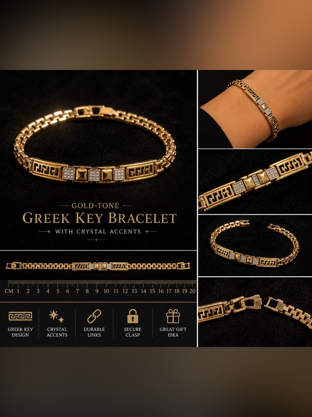 Laminated Gold Greek Key Bracelet with Crystal Accents